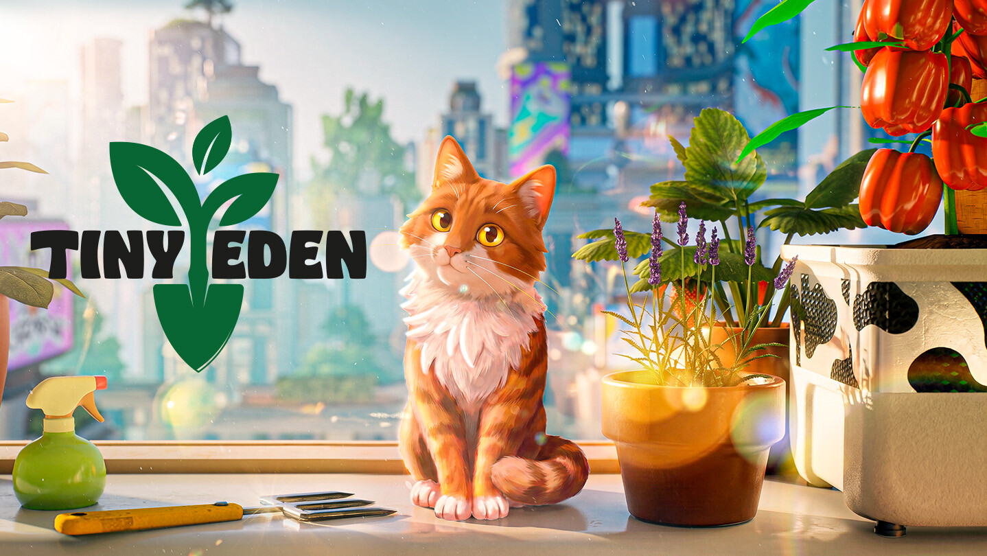 Tiny Eden official key art — a cozy indoor apartment garden with planters, warm wooden shelves and soft daylight